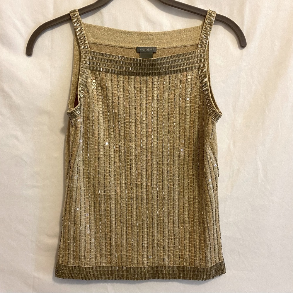 Ann Taylor Petites Gold Sequined Tank Top Size XSP, Silk/Cotton/Polyester